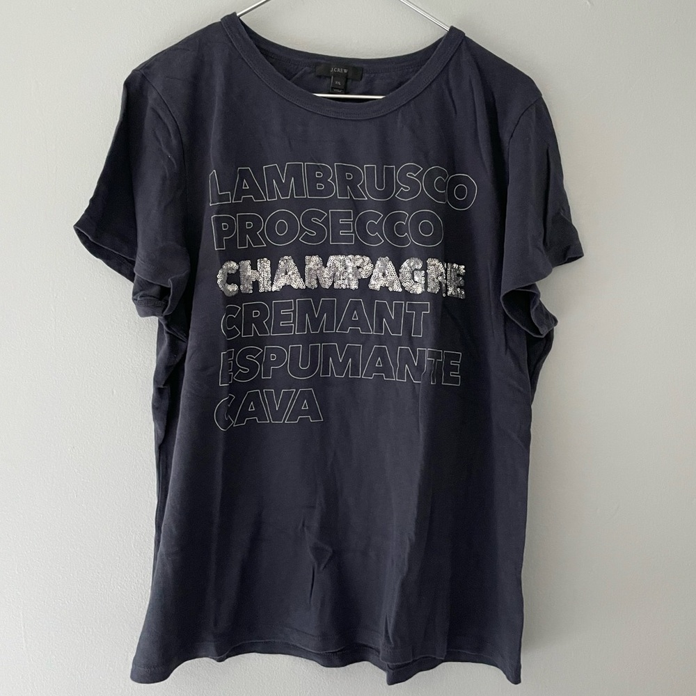 J.Crew Sparkling Wine Graphic T Shirt Champagne Sequin Tee like new Size XXL